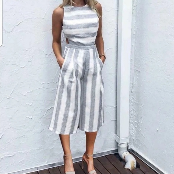 Pants - NWOT gray/white striped jumpsuit